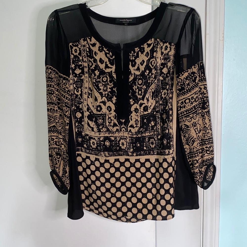 Nanette LePore 100% silk black & camel  sheer top, size 4